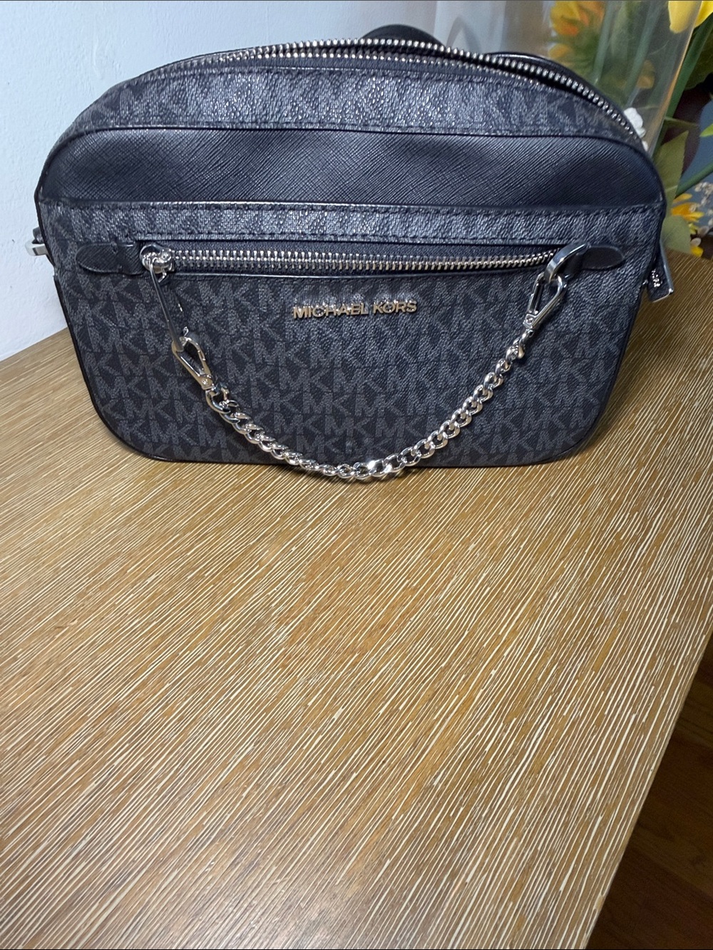 Michael Kors Black Signature Monogram Crossbody Bag with Silver Chain